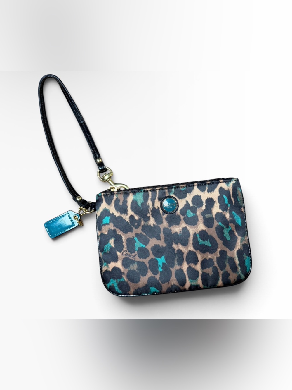 Coach Leopard Print Wristlet with Teal Accents